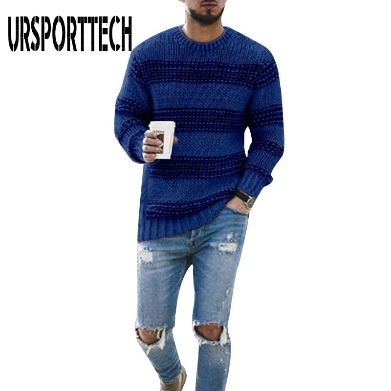 Mærke herresweater efterår vinter pullover uld slim fit striktrøje stribet herretøj afslappet patchwork pull homme