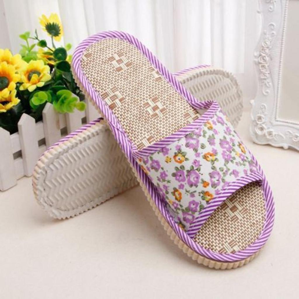 Kleine Bloemen Linnen Stro Mat Thuis Sandalen En Slippers Indoor Vloer Mannen En Vrouwen Paar Thuis Opening Slippers: purple