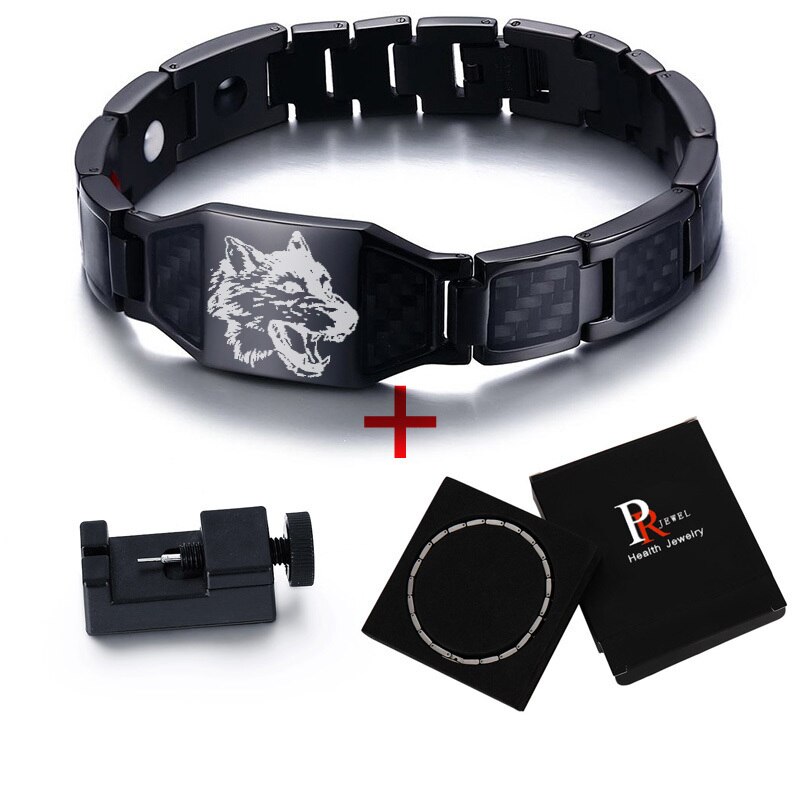 Stylish Wolf Bracelets for Men Black Bio Energy Carbon Fiber Chain Stainless Steel Jewelry: Bracelet Add Tool
