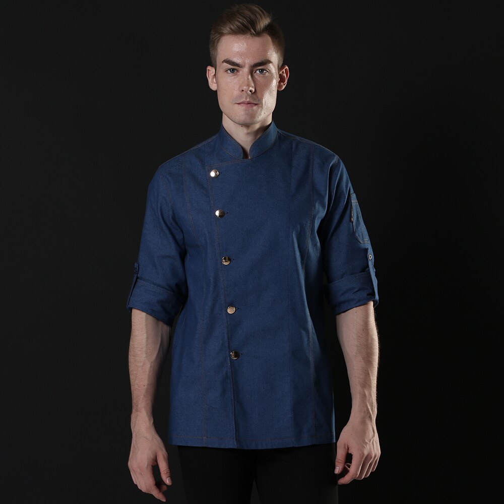 Åndbar unisex guldknap cowboychef jakke skjorte køkken bageri overalls hotel restaurant kok tjener uniform: Blå kokkedragt / 4xl