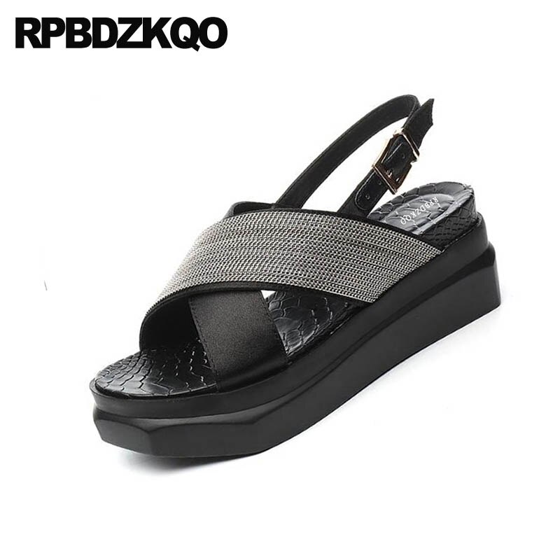 Women Wedge Platform Sandals Flatform Strap Black Summer High Heels Slingback Pumps Glitter Open Toe Korean Shoes Ladies