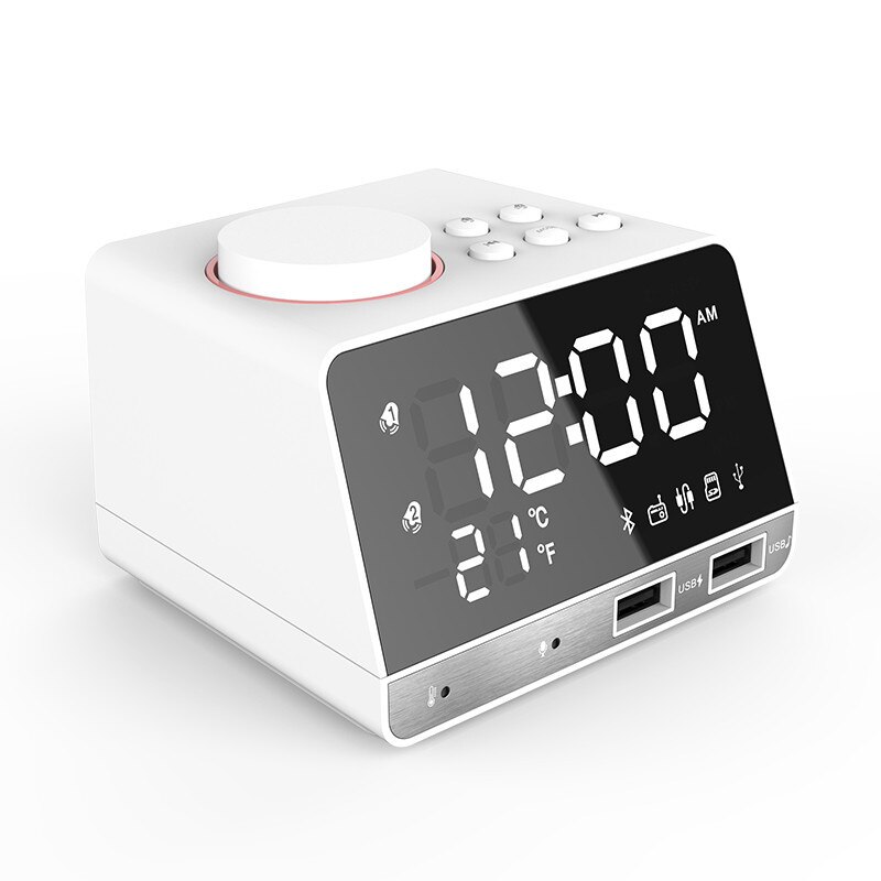LED Digital Dual Alarm Spiegel Uhr Drahtlose Bluetooth Bass Lautsprecher FM Radio + 2 USB Ladegerät Häfen Musik Schlummern temperatur: Weiß UK Stecker