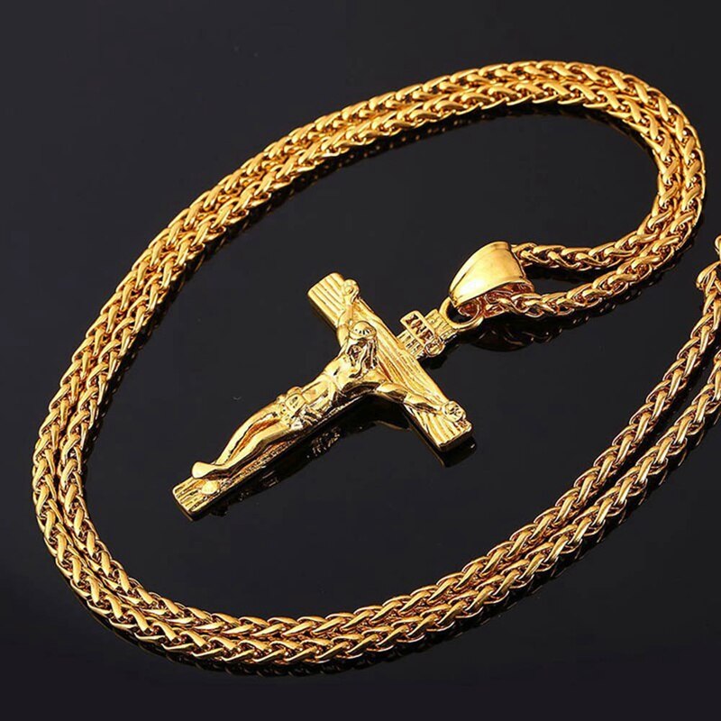 Religious Jesus Cross Necklace for Men Gold and cute Cross Pendent with Chain Necklace Jewelry for Men: Gold-color