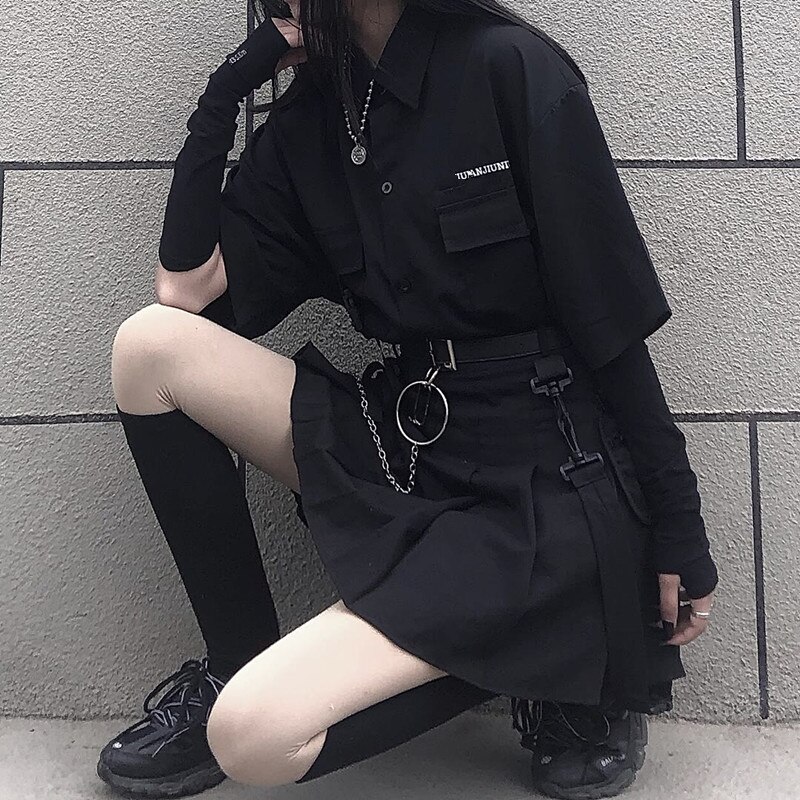 Falda negra plisada con cinturón de cadena Punk Rock Goth Girl, minifalda para animadoras con cinturón, traje para mujer