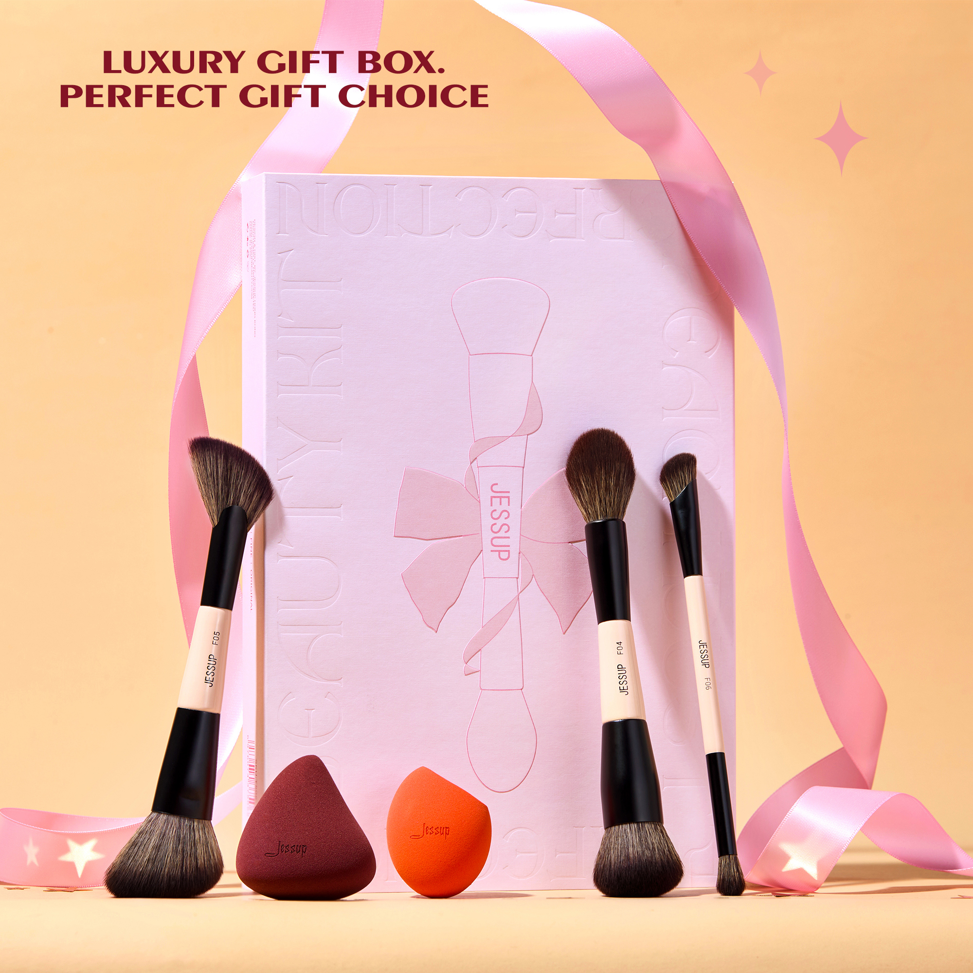 Jessup make-upborstelset met make-upspons, 3/7 stuks dubbelzijdige make-upborstel foundation blush oogschaduw met geschenkdoos