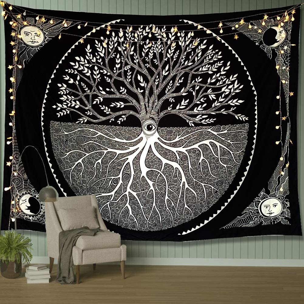 Soleil lune étoile noir et blanc arbre tenture murale Mandala bohême ascendance maison décoration couverture pour chambre salon: 200X150CM