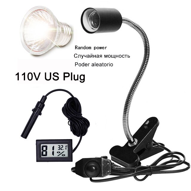 Bombilla con Clip de calefacción para el ambiente de mascotas, lámpara de luz solar UVA + UVB para reptiles, tortugas, lagarto, camaleón, serpiente, reptil: black110V US plug