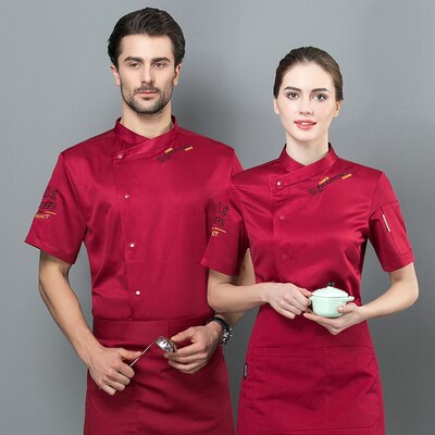 Unisex Chef Uniform Tops Short Sleeve Kitchen Workwear Waiter Waitress Baking Clothes Catering Hotel Restaurant Overalls: Red top / M