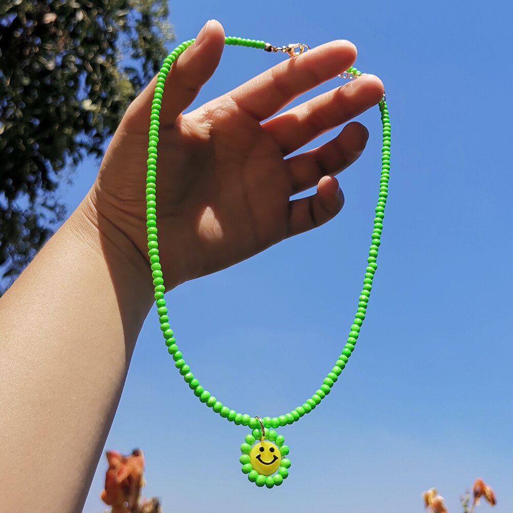 ZX de hecho a mano colorido cuentas de collar de Gargantilla de cadena lindo Similey cara colgante collares al por mayor, joyas de las mujeres Accesorios: green