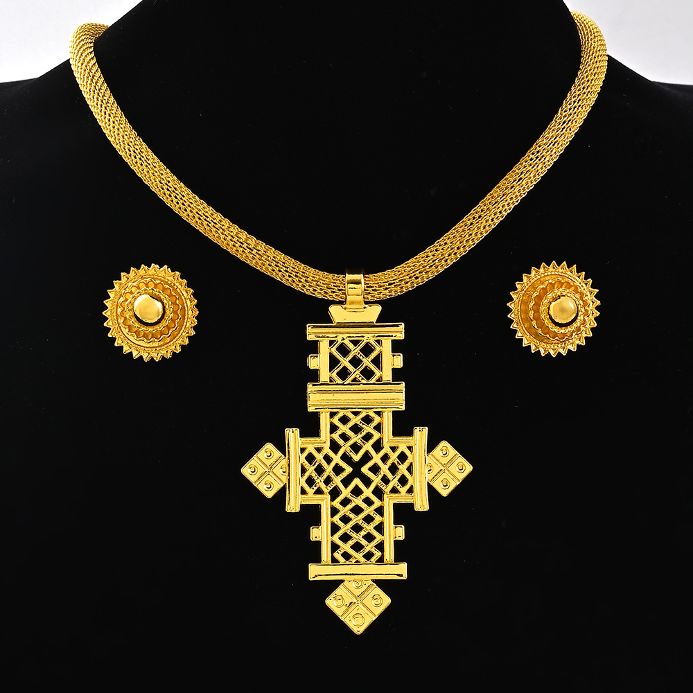 Saoedi-Arabië 24K Goud Kleur Ethiopië Vrouwen Sieraden Ketting Oorbel Afrikaanse Arabische Bruids Set Habesha Eritrea Party: Messing Plated