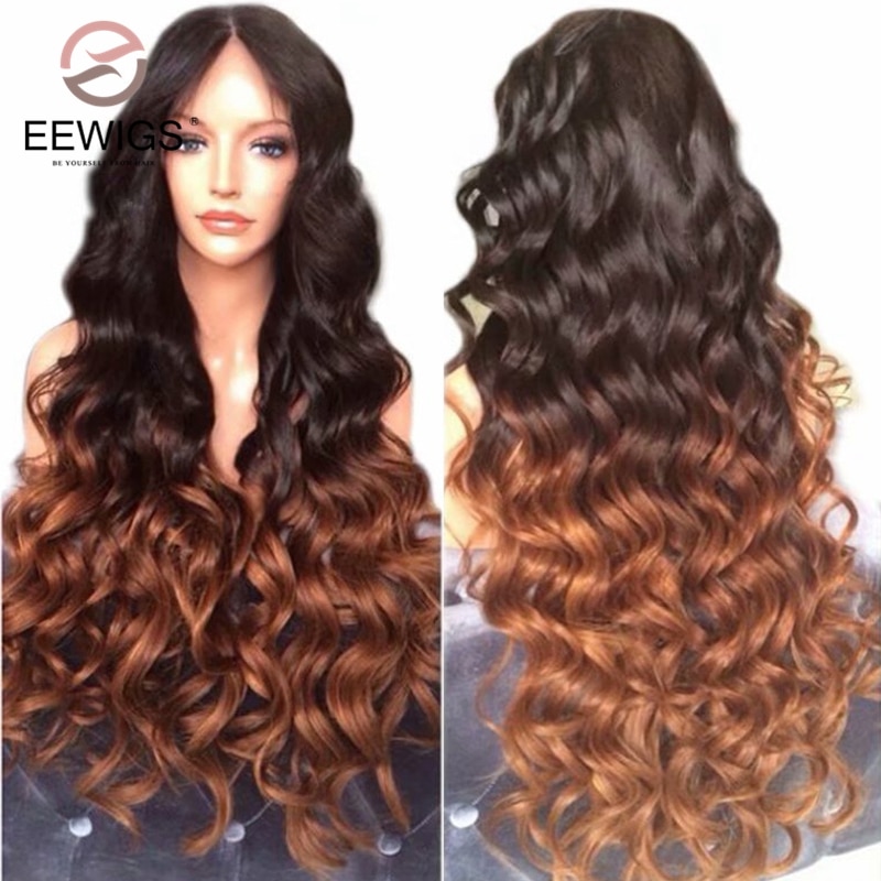 Peluca con malla frontal EEWIGS Ombre marrón con línea de pelo Natural pelucas sintéticas onduladas sueltas resistentes al calor de densidad 180% para mujeres negras