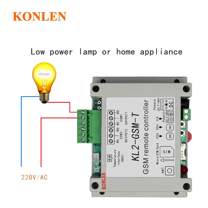 KONLEN-controlador de relé GSM de 2 vías, Sensor de temperatura de llamada SMS, Control remoto, automatización inteligente del hogar, interruptor SIM, abridor de puerta de garaje