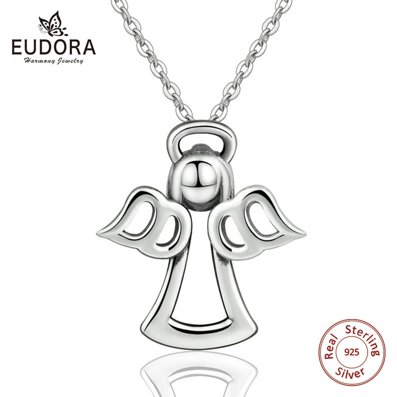 EUDORA 925 Sterling Silber Wächter Engel Herz Feder Anhänger Halskette Mädchen Halskette Kragen Silber Schmuck Valentinstag