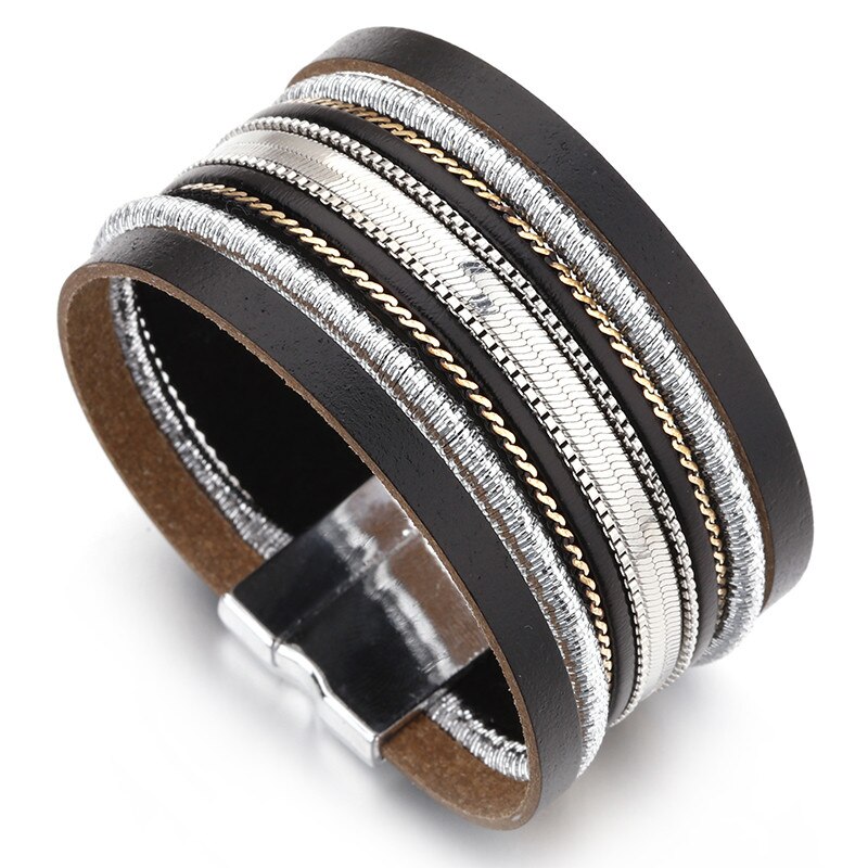 Amorcome Metal Chain Pasted On Leather Bracelets for Women Female Vintage Bohmenian Multilayer Wide Wrap Bracelet Femme Jewelry: Black