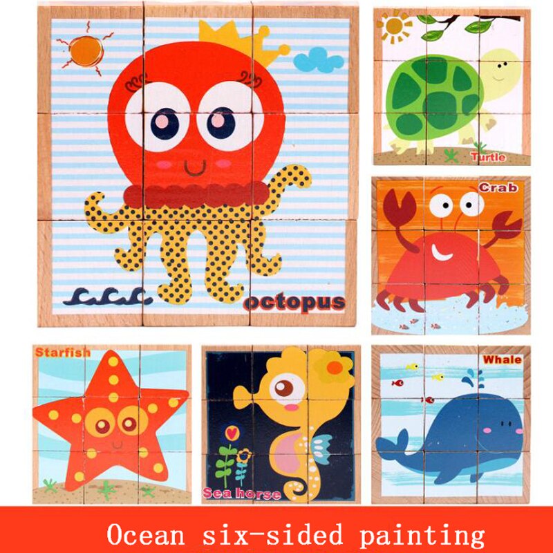 en bois dessin animé Animal Puzzle jouets unique 6 côtés sagesse Puzzle éducation précoce apprentissage jouets pour enfants jeu: ocean