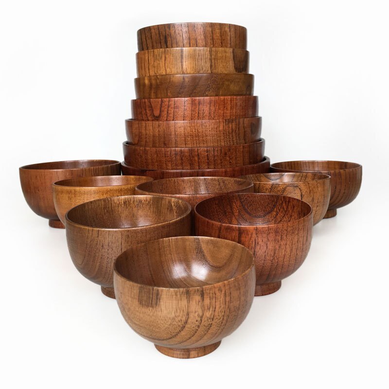 Cuenco de madera de estilo japonés, Bol para sopa, ensalada, arroz, fideos, cuencos de fruta Natural, cuencos para helado, vajilla de madera sólida, utensilio de cocina