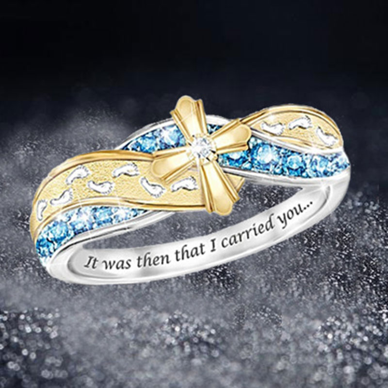 Foot Print Gouden Kruis Ringen Voor Vrouwen Mode Blue Crystal Engagement Ringen Wit Goud & Geel Goud Kleur Bruiloft Sieraden