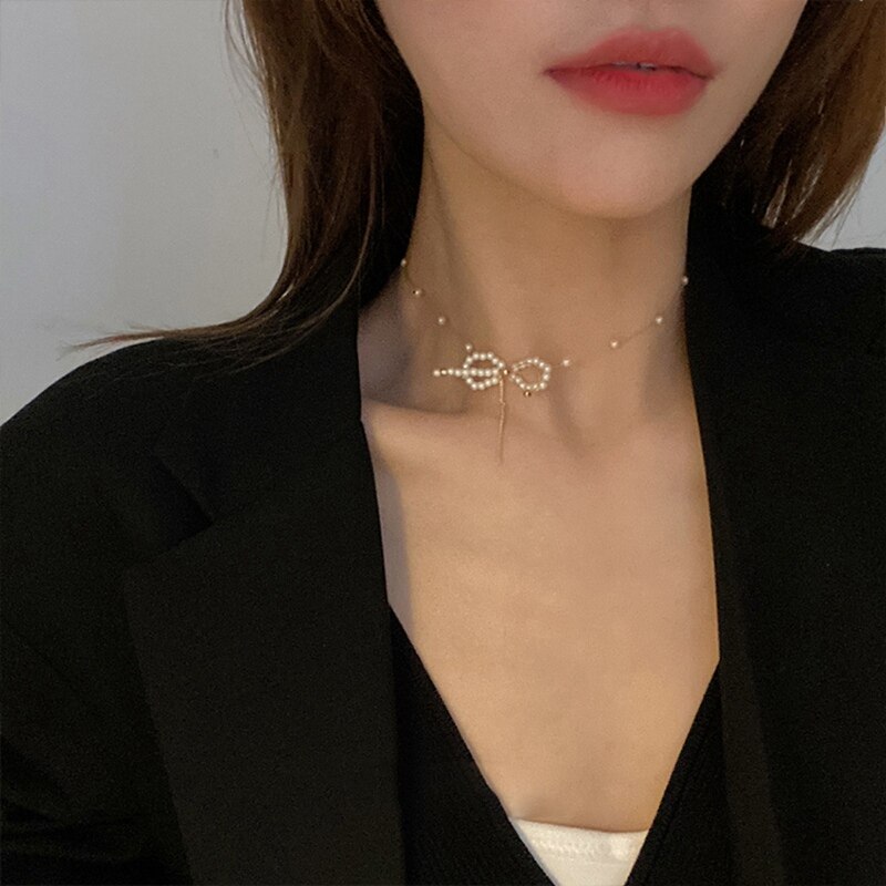 MENGJIQIAO Koreanische Elegante Nette Perle Bowknot Halsband Schmuck Für Frauen Mädchen Fasshion Hochzeit Kette Halskette Schmuckstück Colares