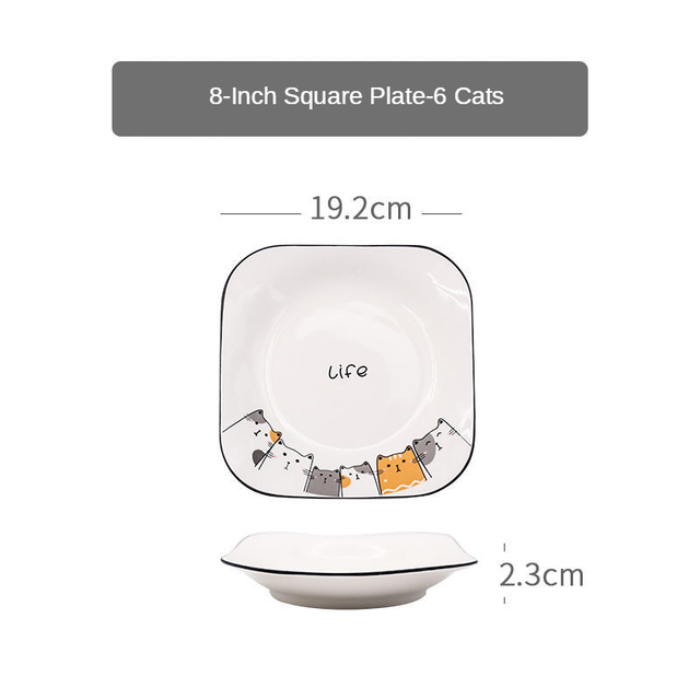 Cute Ceramic Plate Household Plate Cat Tableware Cartoon Plates Breakfast Tray Cake Plate on Plate Utensils KEDICAT: 8-inch square plate