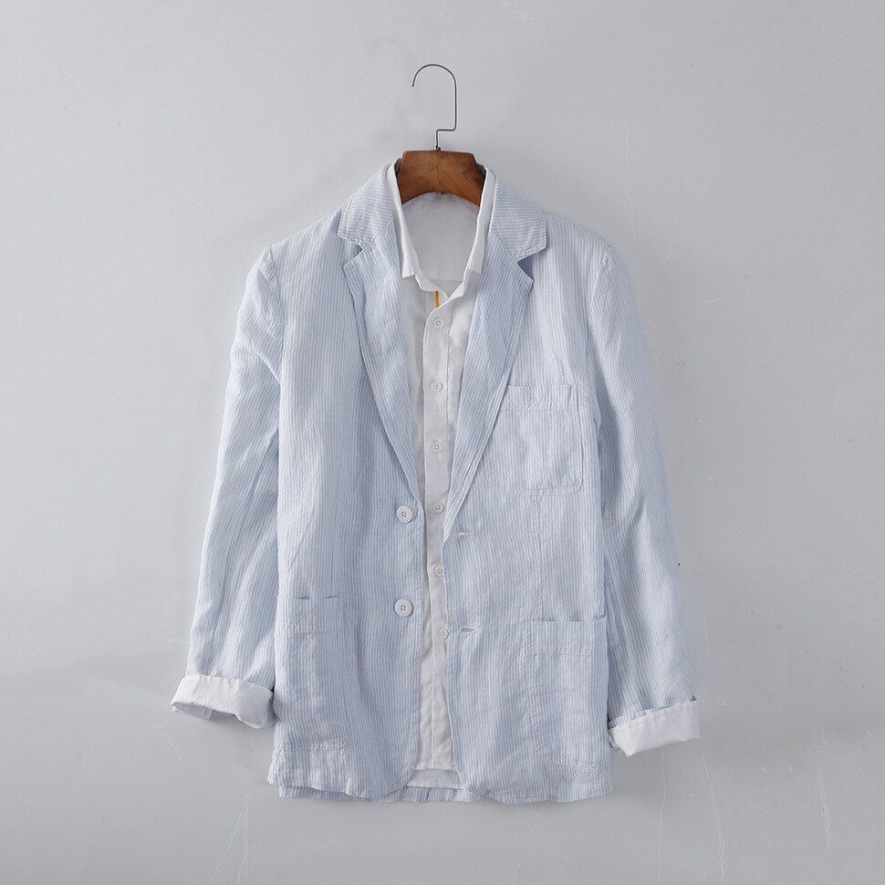 050 Lente Mannen Linnen Blazer Zaken Eenvoudige Streep Lange Mouwen Single-Breasted Comfortabele Ongedwongen Losse Mannelijke Bruiloft Jassen: B050 Light Blue / Xxl