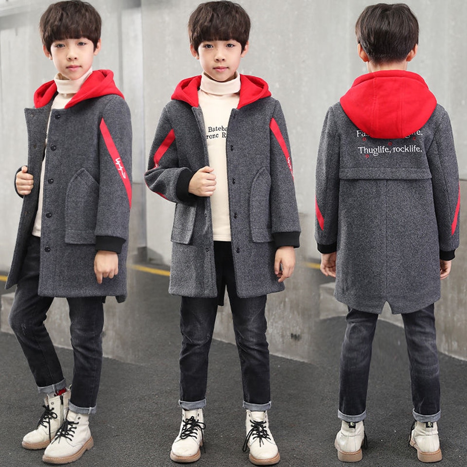 Winterjassen jongens effen wollen enkelrijs babyjongens trenchcoat hoodie 5-14 y kinderkleding jassen voor jongens windjack