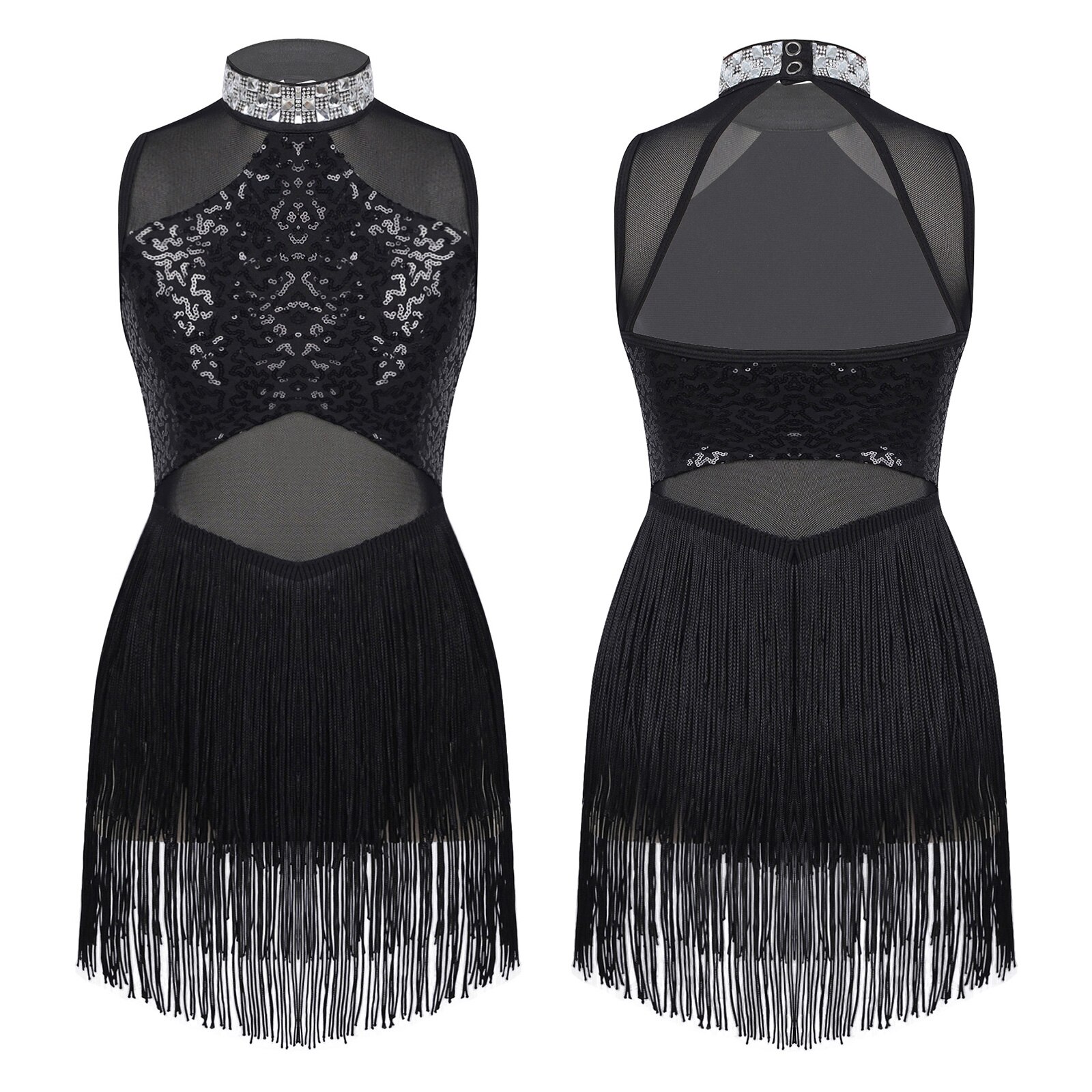 Vestido de baile latino para niñas, lentejuelas brillantes, malla transparente, dobladillo con borlas, Ropa de baile de Jazz moderna, leotardo de Ballet, traje de baile de patinaje: M / Beige