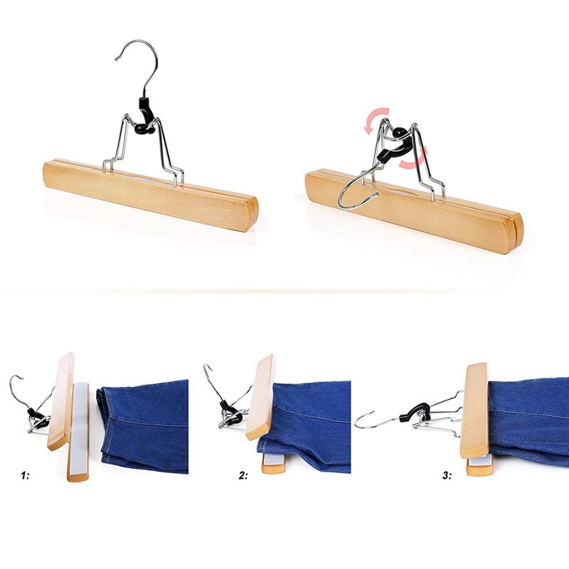 1 Set of 10 Trouser Clamp Hanger Solid Wood Anti-Slip Felt Hook Pant Skirt Hangers Natural
