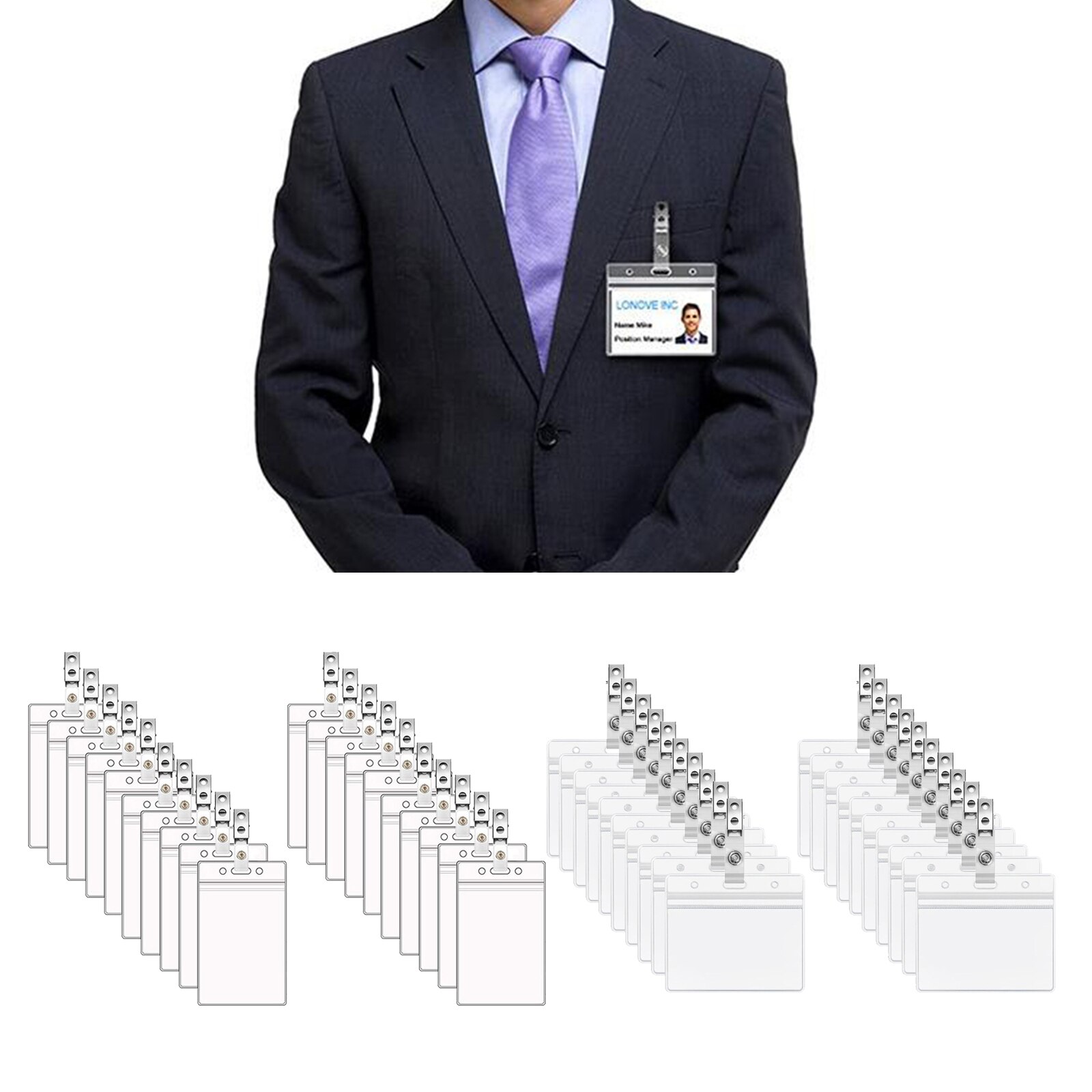 20PCS ID Badge Holders Horizontal/Vertical Clear Plastic Name Tag ID Card Holder Waterproof Resealable with Metal Clip