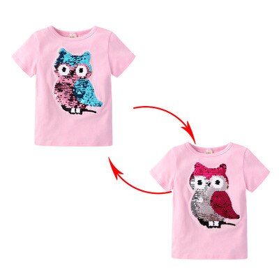 Elvesnest ugle grafisk t-shirts nyhed pailletter børn piger t-shirt bomuld korte ærmer børn pige toppe tegneserie børnetøj: Lyserød / 4t
