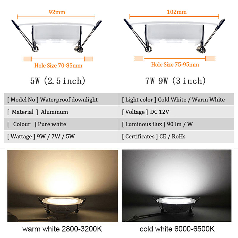 12v led spot downlights vandtætte  ip65 lamper loft forsænket 5w 7w 9w sikkerhedsspænding til båd til badeværelse