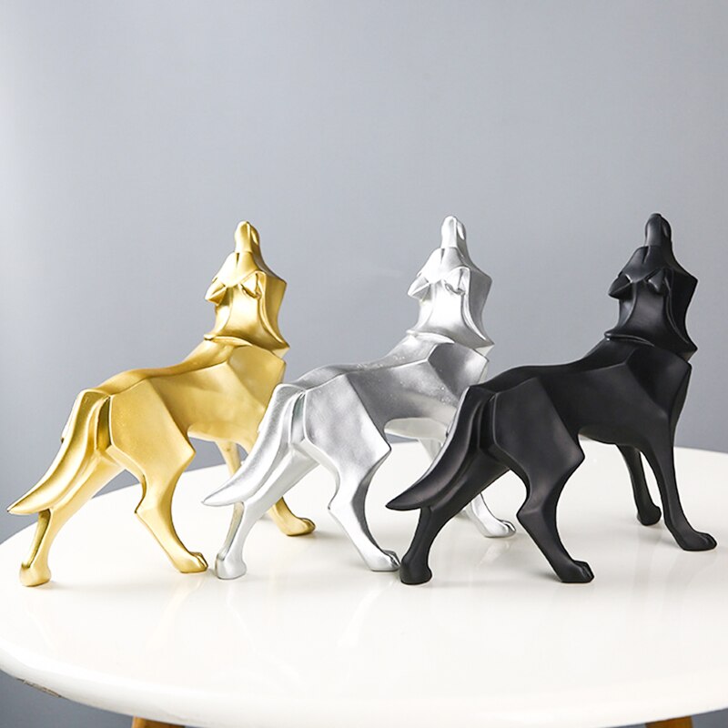 Resin Abstract Wolf Statue Nordic Geometric Animal Figurines Wolf Sculpture Crafts Home Office Shelf Desk Decoration Ornaments