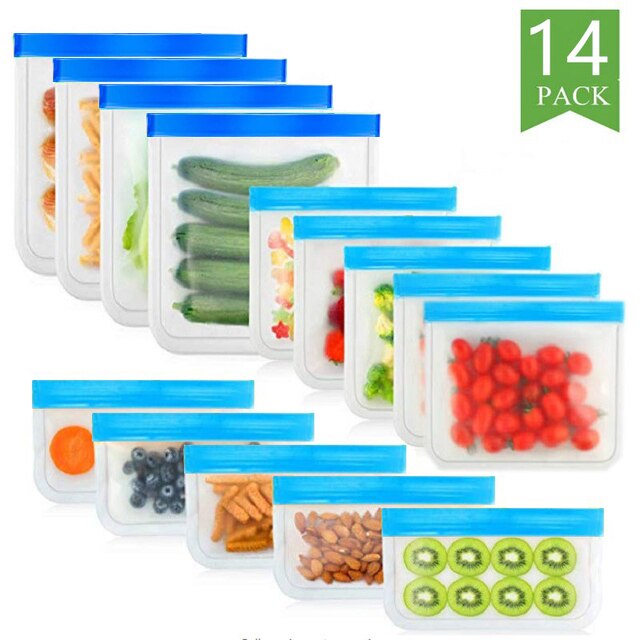 BEEMAN 15pcs Silicone Food Bag Frosted PEVA Reusable Food Storage Bag Top Leak-Proof Food Freezer Bag Kitchen Fresh-Keeping Bag: 14 pieces blue