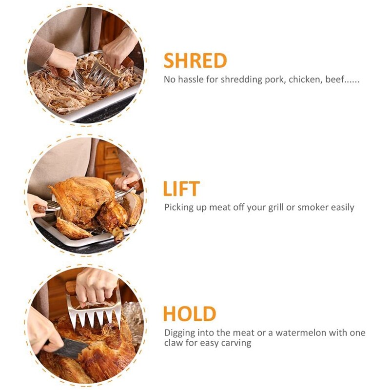 Garra de Metal para carne, 1 par 18/8 Tenedor de acero inoxidable para carne con mango de madera, garra para carne picada, (2 piezas)