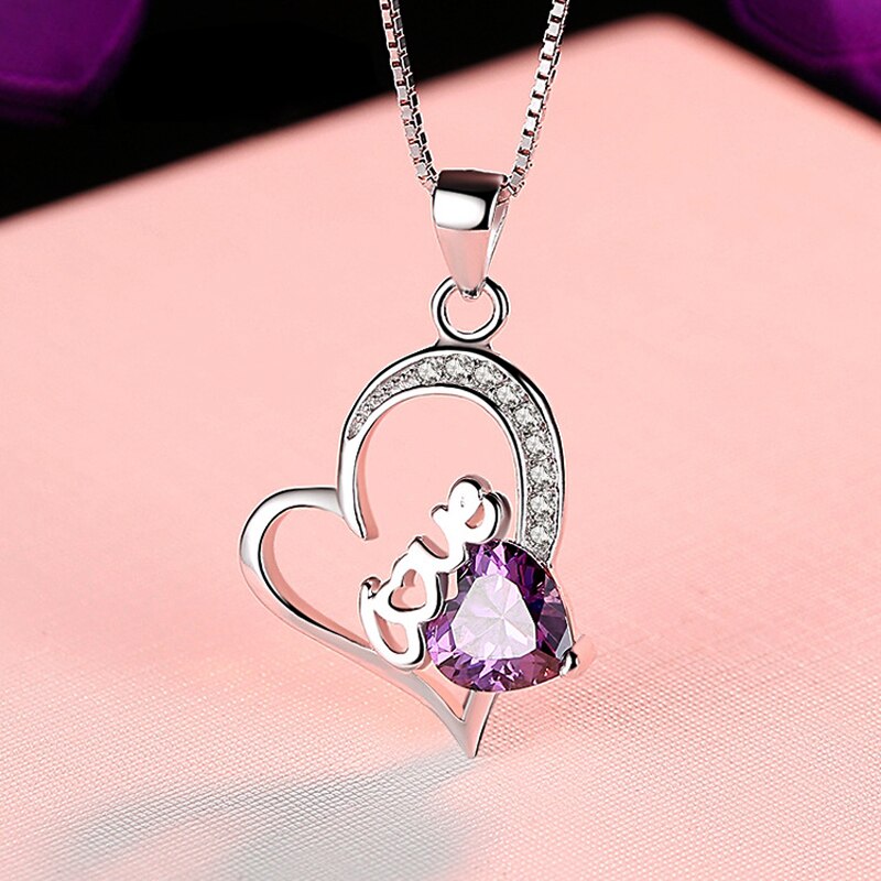 925 Sterling Silver Heart Zircon Pendant Necklace Purple Rhinestone Collarbone Chain Necklaces Women Jewelry