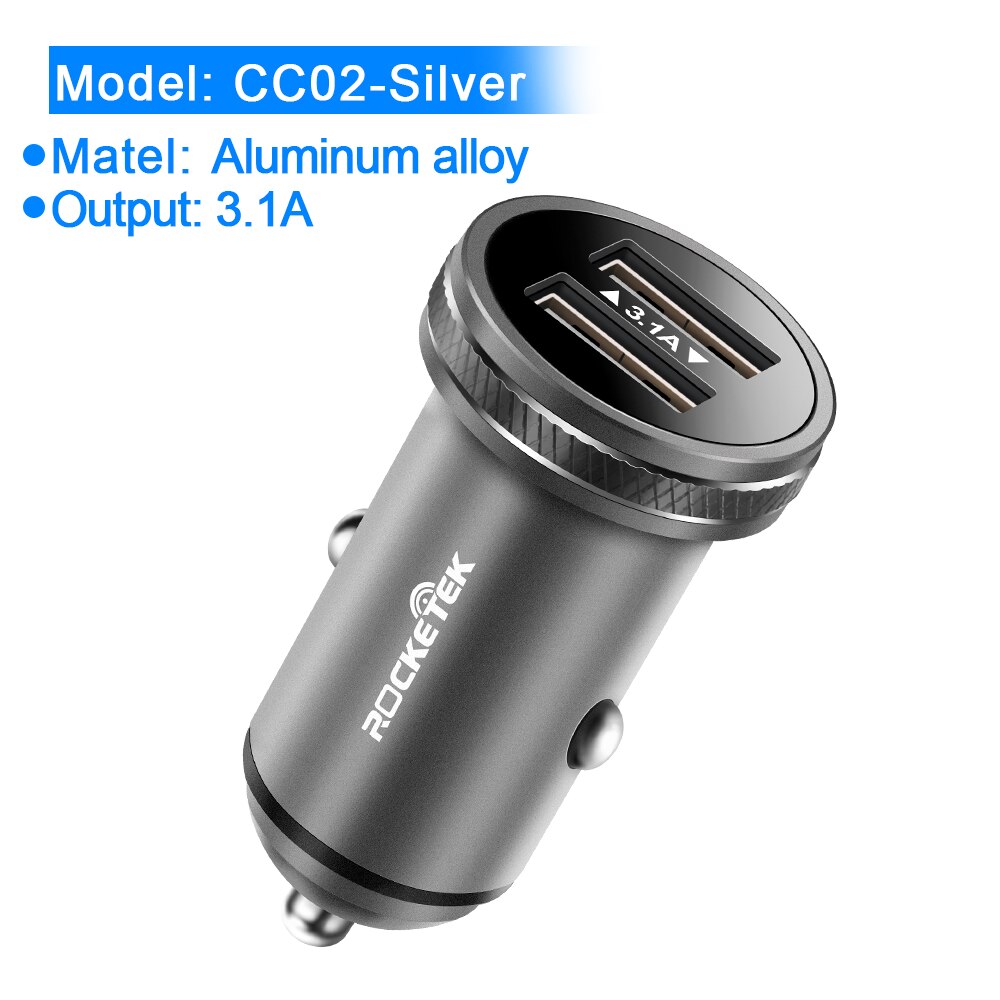 Rocketek Metal USB Car Charger For Mobile Phone Tablet GPS 3.1A Fast Charger Car-Charger Dual USB Car Phone Charger Adapter: CC02-Silver