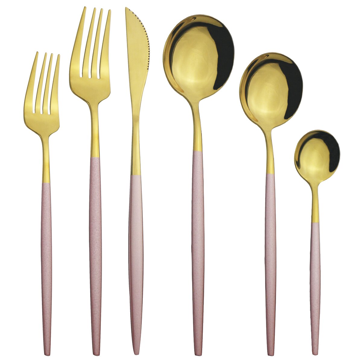6 stuks witgouden bestekset, messen, dessertvorken, lepels, serviesset, roestvrijstalen serviesset, keukenzilverset: Roze goud