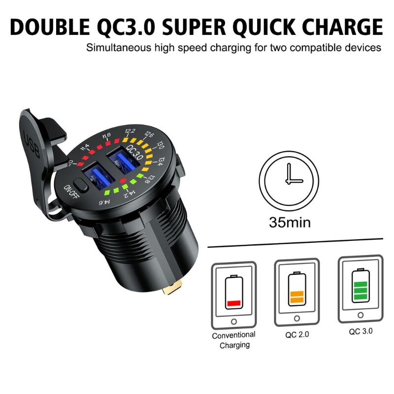 12V 24V QC 3.0 Dual USB Car Charger Waterproof 18W USB Outlet Fast Charge with LED Voltmeter ON OFF Switch Power Cable