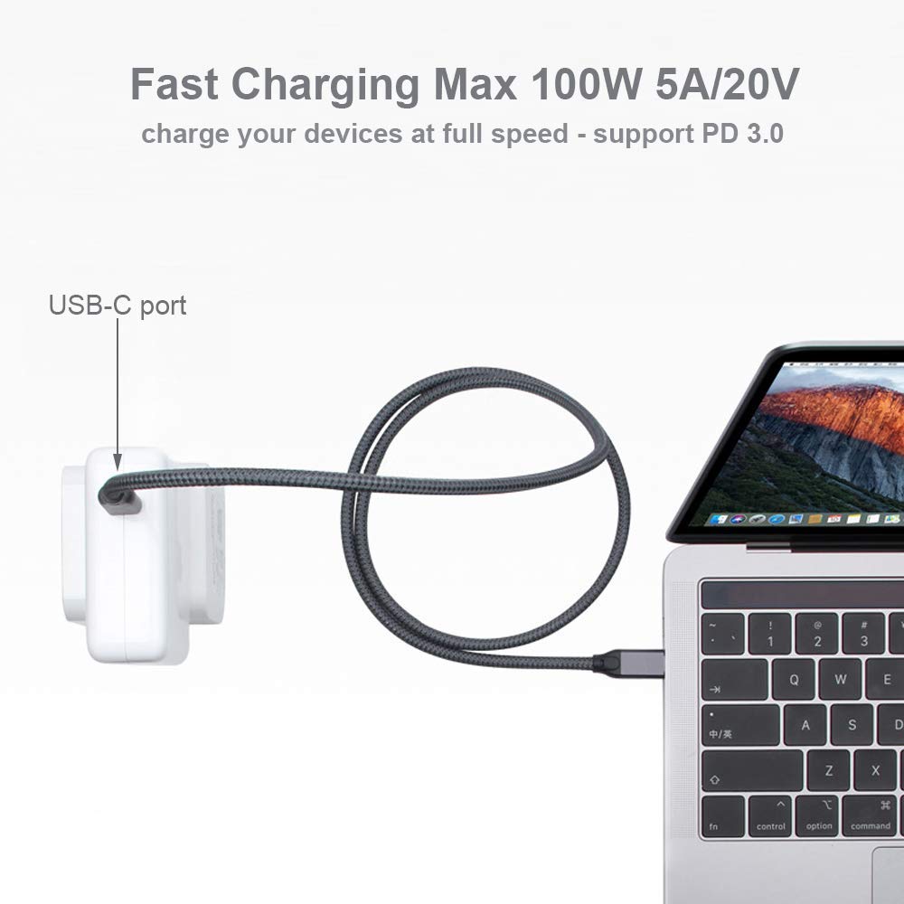 Cable USB C a USB C de 5 pies, Cable tipo C 3,1 Gen 2 de 20Gbps, 5A, 100W, 5 pies para vídeo 4K y cargador rápido PD de nailon trenzado Thunderbolt