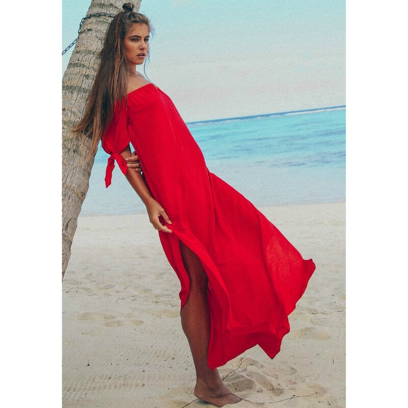 cover up beach woman Maxi Summer Beachwear Long Dress Off Shoulder Beach Summer Cover-Ups robe de plage: Red / L