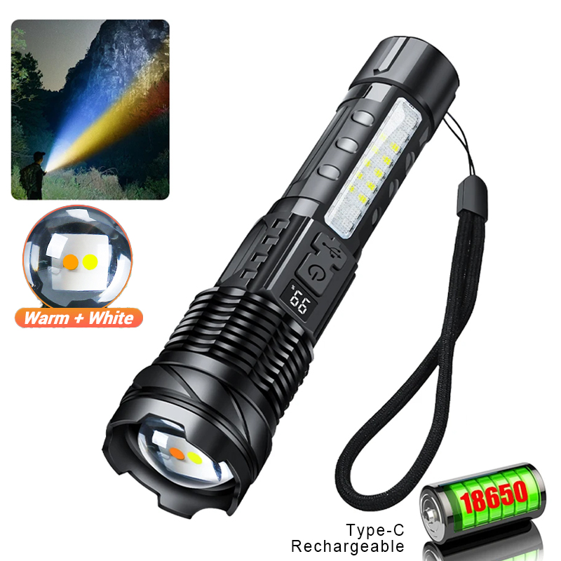 Potente linterna LED XHP50, resistente al agua, 18650 con luz lateral, 7 modos, linterna para acampar y pescar, lámpara con Zoom recargable por USB: S / Verde
