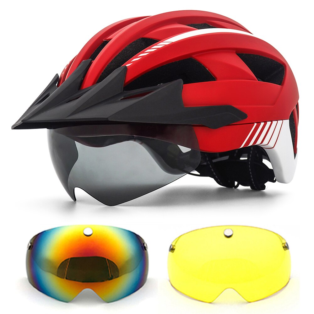 MTB Cycling Helmet XC Off-road Road Mountain Bike Bicycle Helmets With Sun Visor and Goggles for Men women Cycling sports helmet: Red white-2