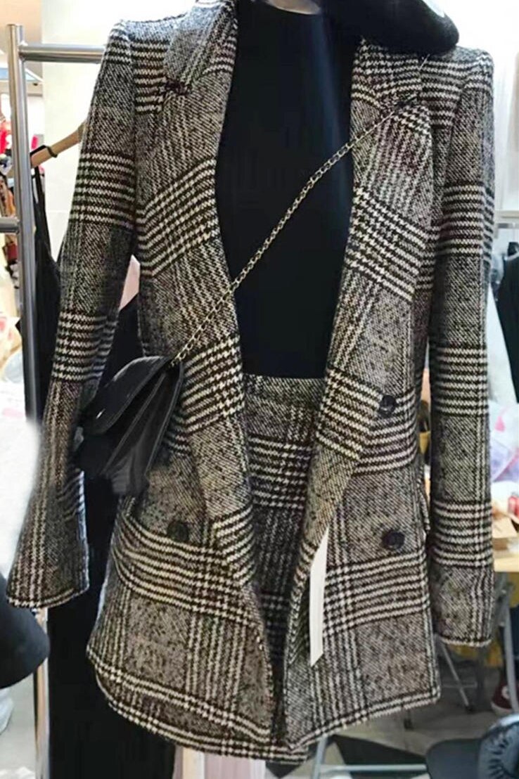Syksy 2 -osainen setti naisten pitkähihainen takki takki naiset outwears ruudullinen tweed -hame puku setti naisten kaksiosainen asu plus koko: Xxl