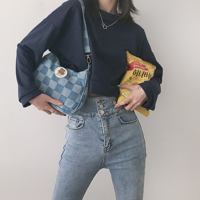 Vrouwen Denim Hobos Handtassen Eenvoudige Plaid Dames Schouder Onderarm Zakken Kleine Draagbare Vrouwelijke Portemonnees Telefoon Pouch