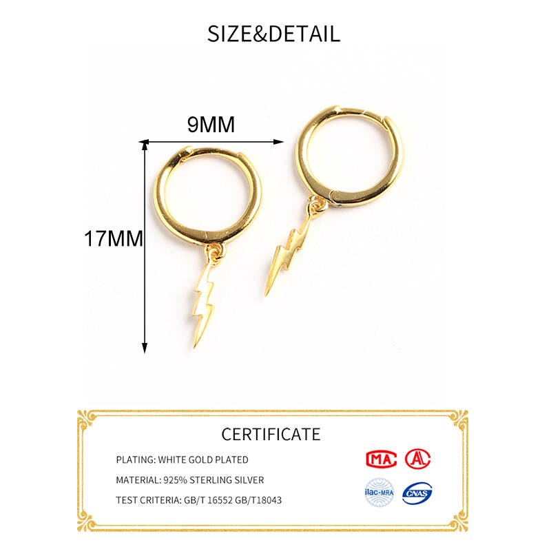 Reffeer Orecchini a cerchio in argento Sterling 925 Lightning Bolt Drop per donne ragazze CZ Lightning Bolt Huggie orecchini a cerchio, Argento sterling, Zirconia cubica
