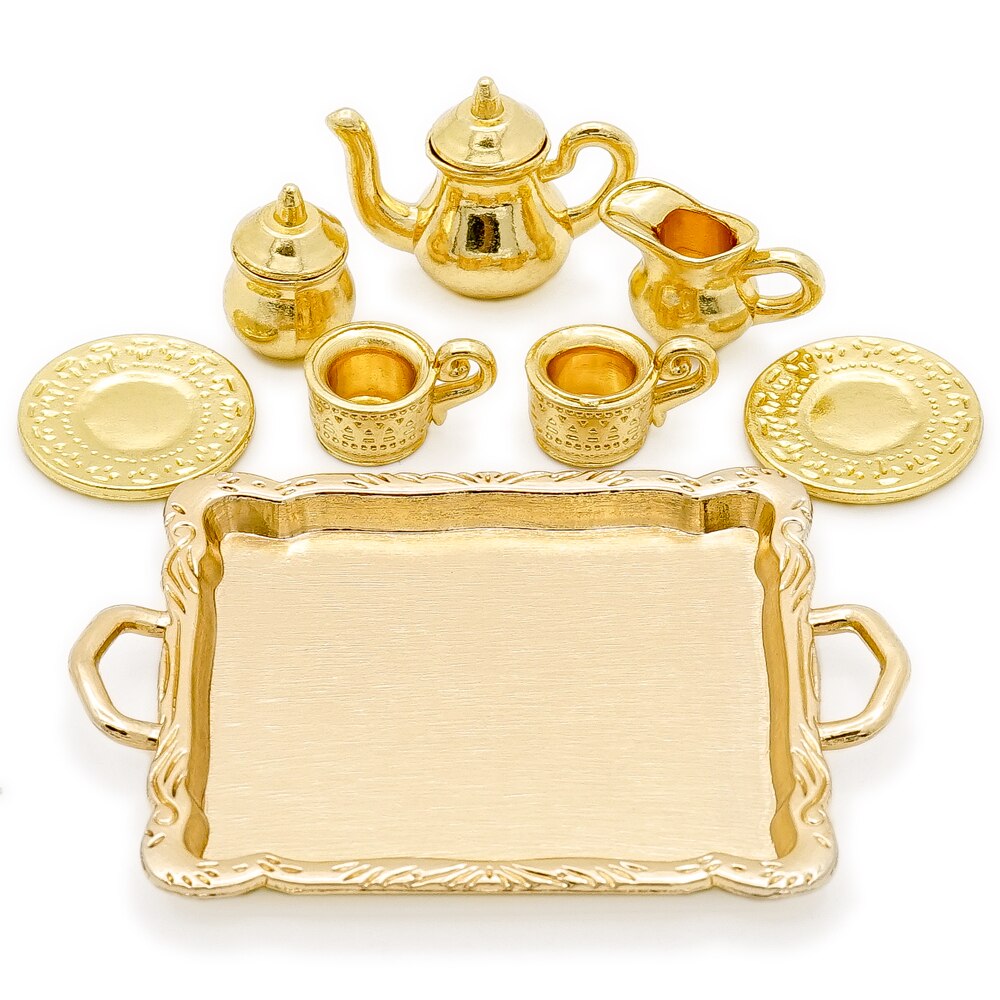 Odoria 1:12 Miniatuur Thee Kopjes Set 8 Pcs Gouden Koffie Set Servies Kit Poppenhuis Keukengerei Accessoires