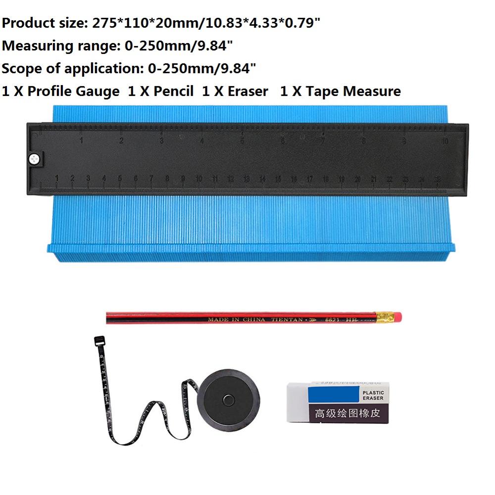 10/5 tommer plastkonturmåler uregelmæssig form profil lineal duplikator skabelon træ mål lineal profil markeringsværktøj: Blå a