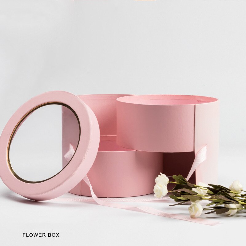 Dobbeltlag runde blomsterpapirkasser rose bukett emballasje pappeske med bånd dekor papp bukettbokser des