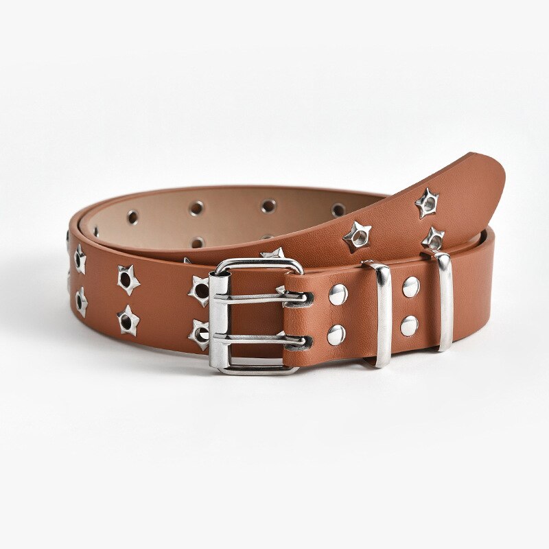 Punk Style Double Star Eyelet Waist Belt Adjustable PU Leather Punk Belt Wide Belt Two Row Hole Pin Buckle Female Belt: Camel
