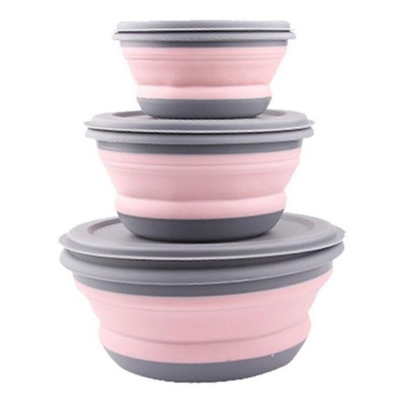 -3Pcs/Set Kom Sets Siliconen Vouwen Lunchbox Vouwen Kom Draagbare Siliconen Vouwen Kom Opvouwbare Slakom Met Deksel roze: Default Title