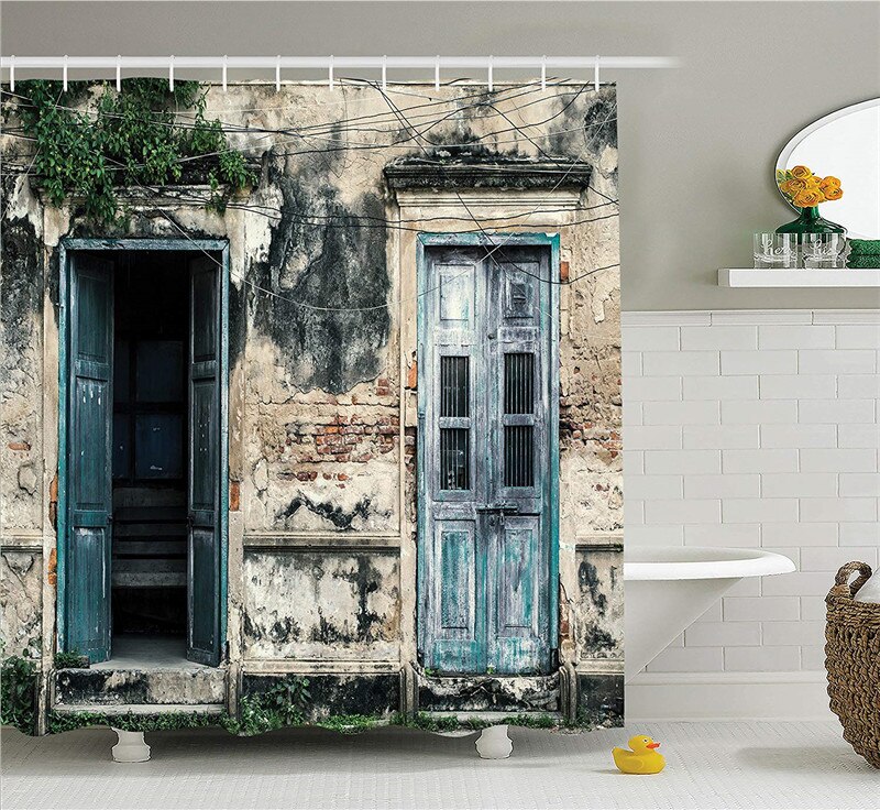 Cortinas de ducha rústicas, puertas impresas de una antigua casa de roca con detalles de Marco francés en el campo, tela europea del pasado Baño: 01 / W150xH180cm